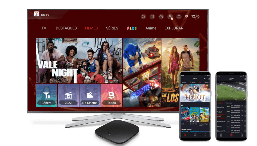 Interface do aplicativo UniTV oficial em Smart TV, TV Box e Celular